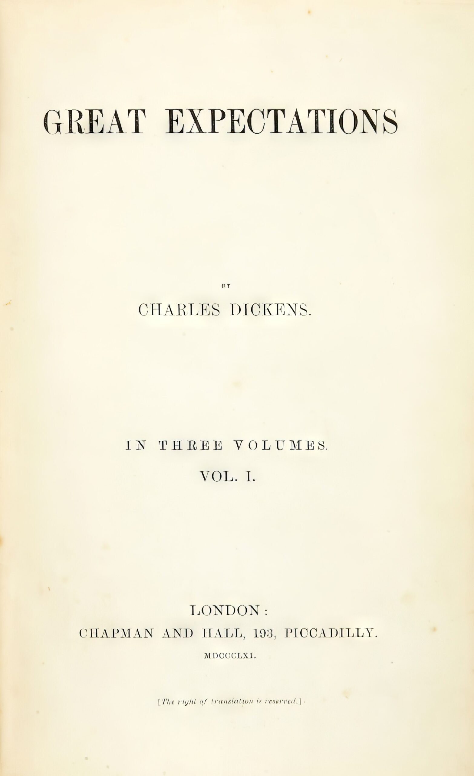 Титульный лист первого тома первого издания романа "Большие надежды", июль 1861 года.