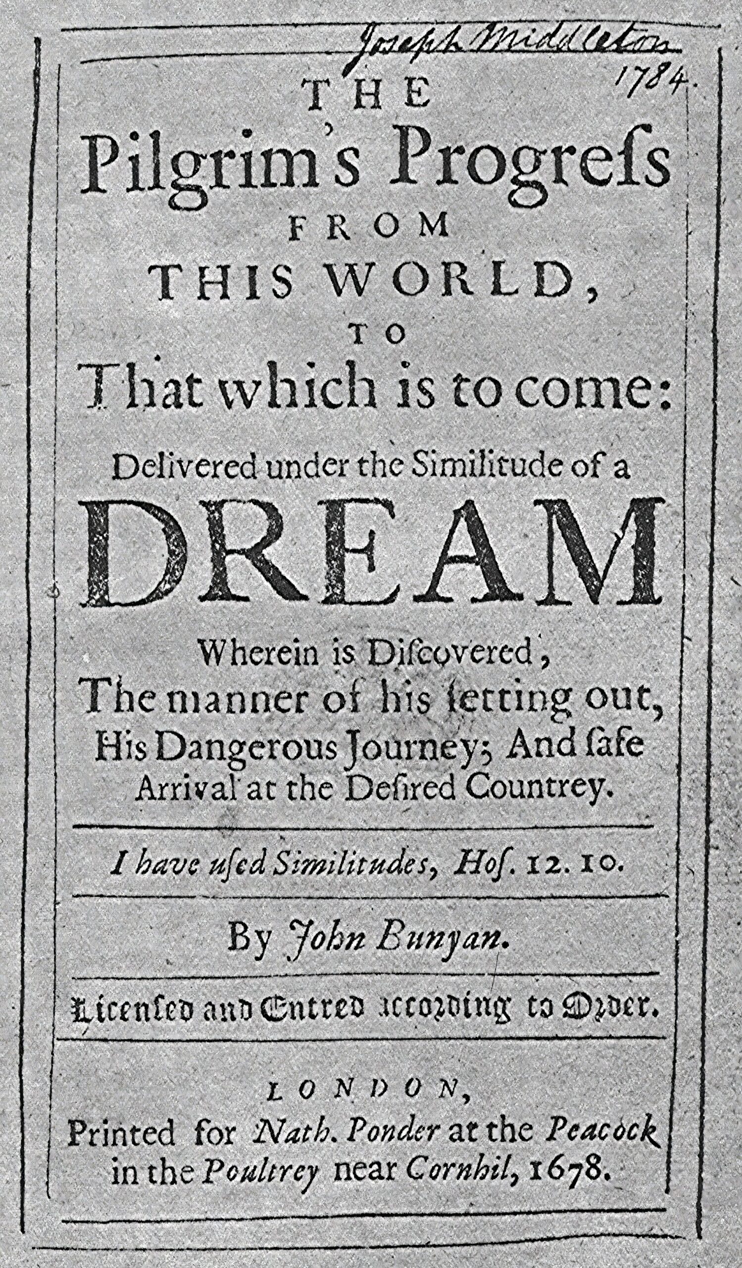 Титульный лист произведения «Путь пилигрима», 1678 г. Автор: Джон Баньян (1628–1688).