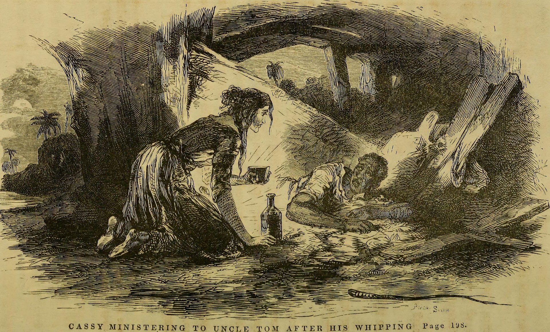 Полностраничная иллюстрация Хэмматта Биллингса для первого издания «Хижины дяди Тома», 1852 г. Кэсси, ещё одна рабыня Легри, ухаживает за дядей Томом после порки.