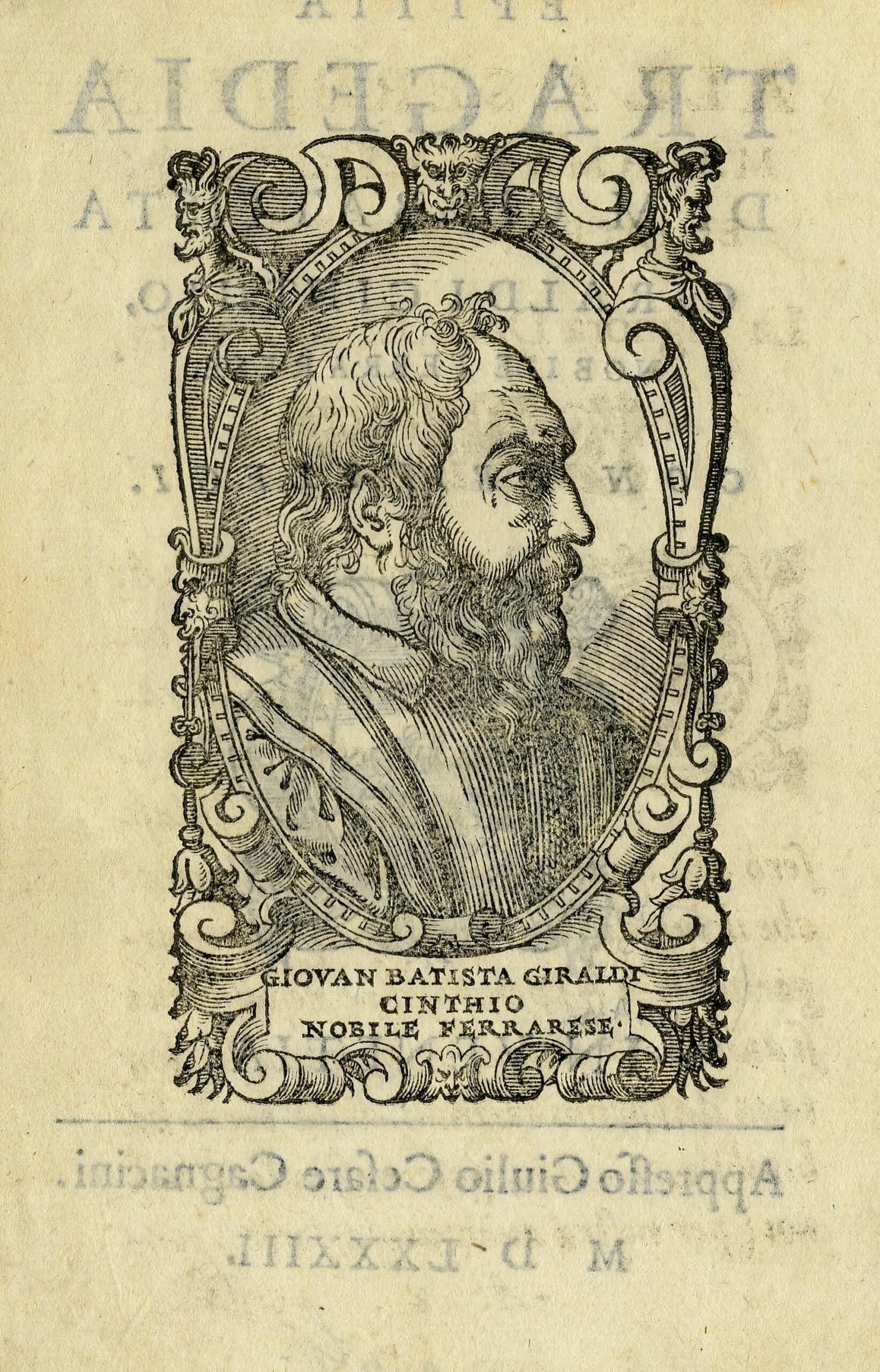 Портрет Джамбаттисты Джиральди Чинцио на фронтисписе издания его пьесы «Эпития», 1584. Источник: Wikimedia Commons.
