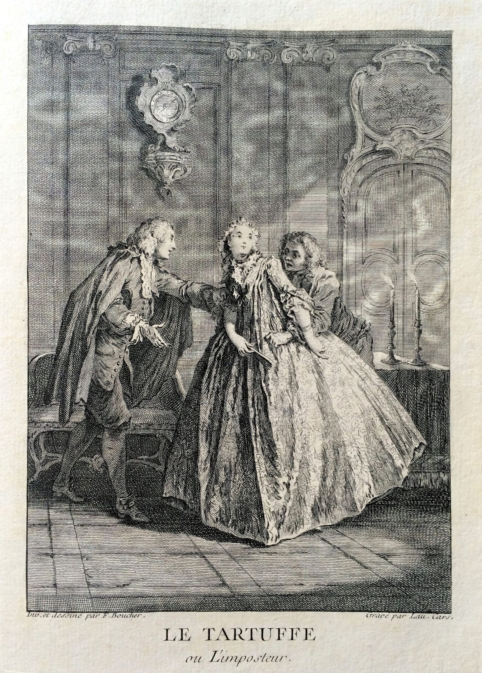 Иллюстрация к пьесе Мольера «Тартюф» — гравюра, выполненная в XVIII веке французским художником Лораном Карсом по рисункам Франсуа Буше.