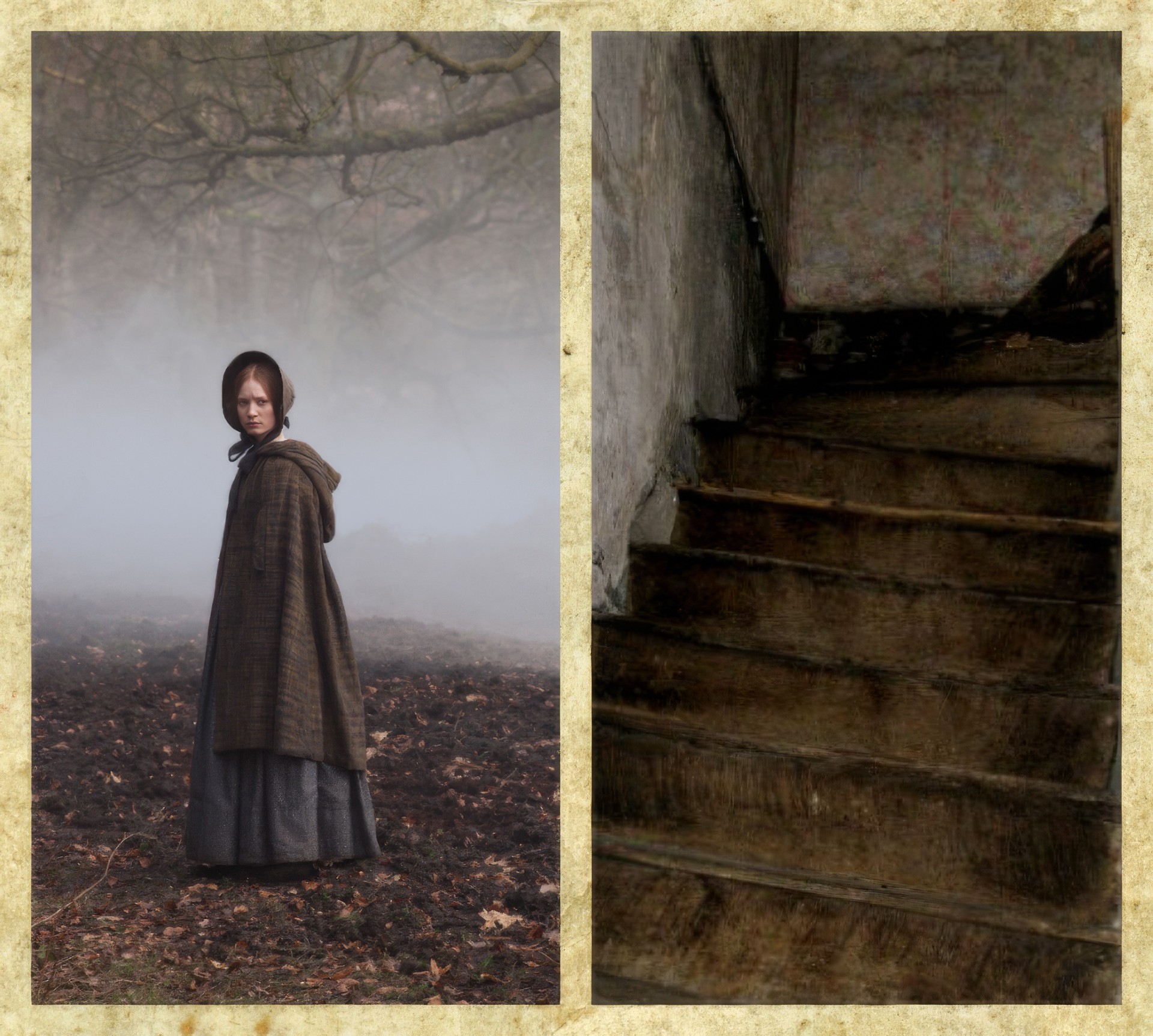 Поклонники «Джейн Эйр» (на фото слева в экранизации BBC 2011 года) могут увидеть лестницу (справа), ведущую на чердак, известный как «Комната сумасшедшей». Когда Бронте посетила это место в особняке Нортон-Коньерс, она услышала легенду о том, что наверху держали сумасшедшую женщину, и, как говорят, именно с неё она списала образ миссис Рочестер. Коллаж для сайта "Спадило".