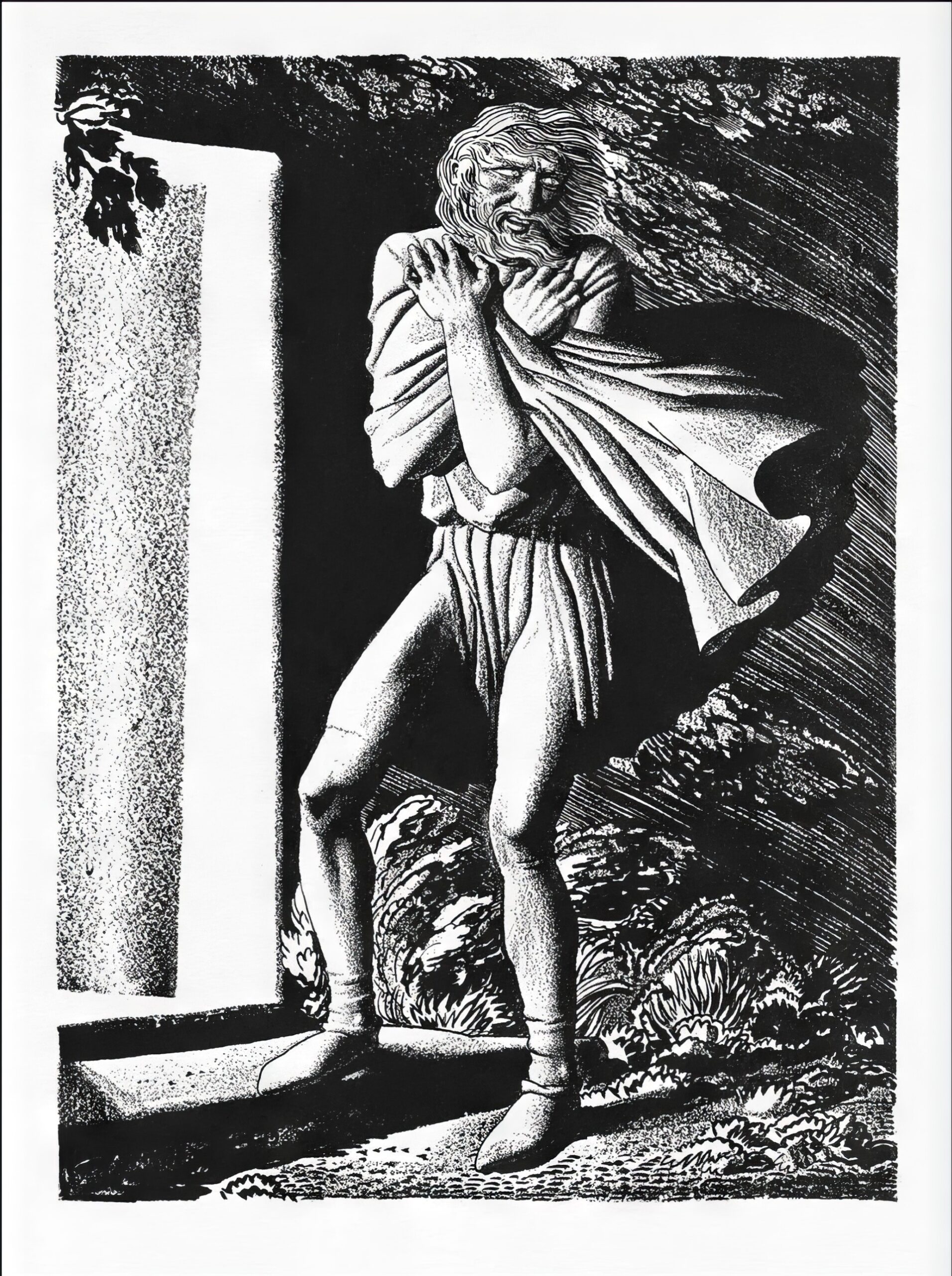 "Порывы ветра и трещины на щеках". Иллюстрация к пьесе Шекспира "Король Лир" американского художника Рокуэлла Кента. Графика, 1936.