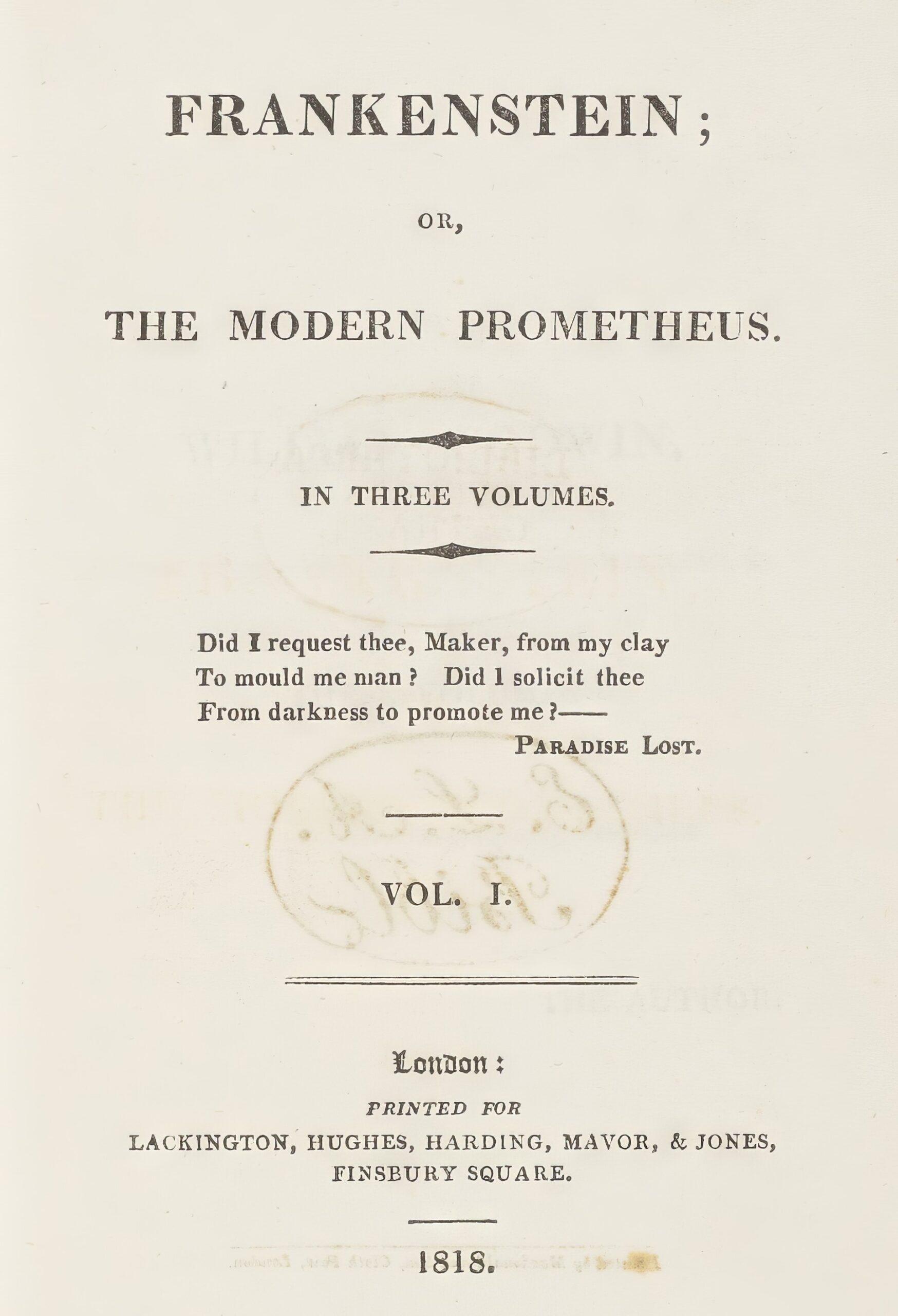 Скан титульного листа «Франкенштейна» Мэри Шелли, первое издание 1818 года.
