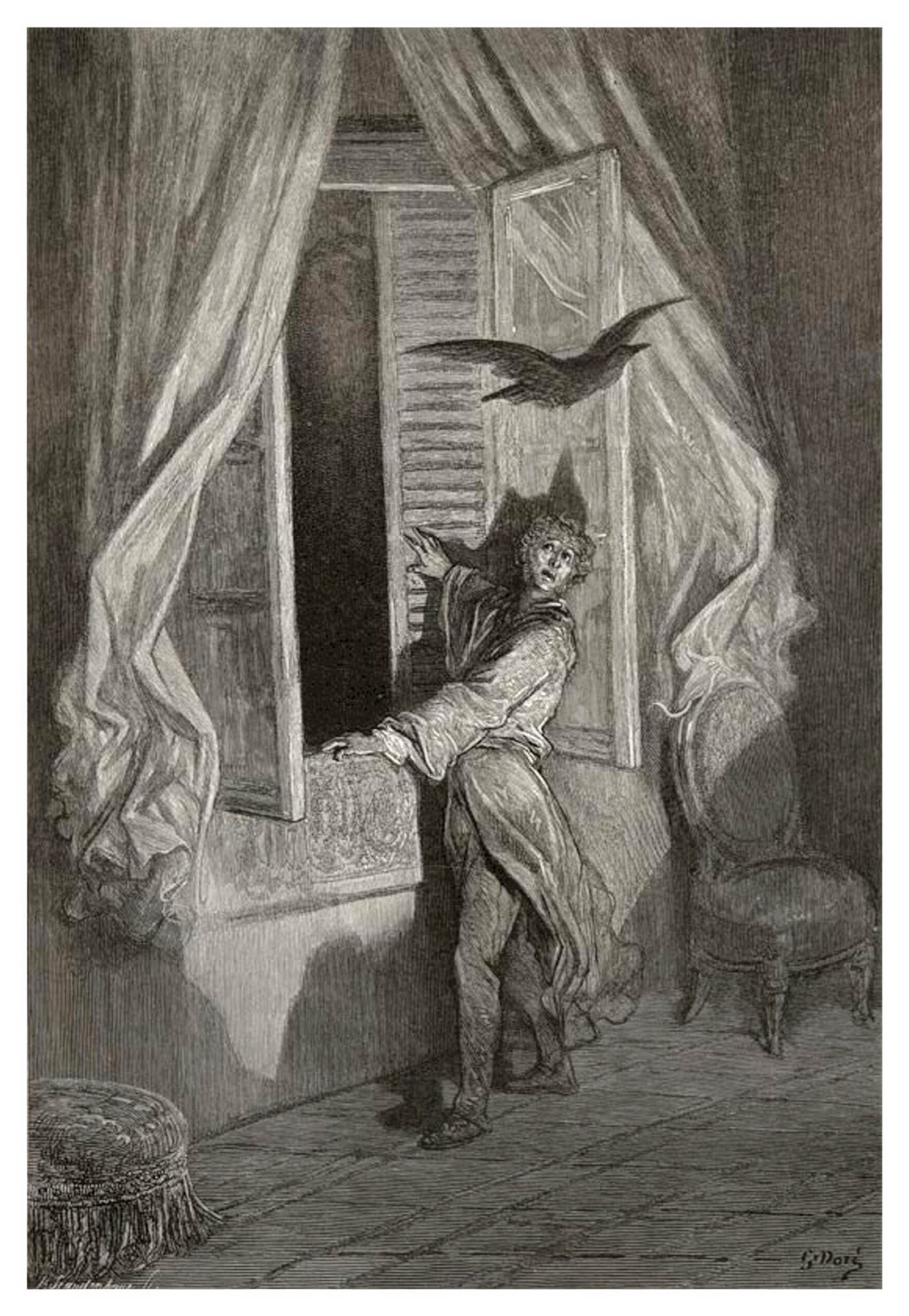 Иллюстрация-гравюра к поэме Эдгара Аллана По «Ворон» (The Raven) Гюстава Доре, 1883 год.