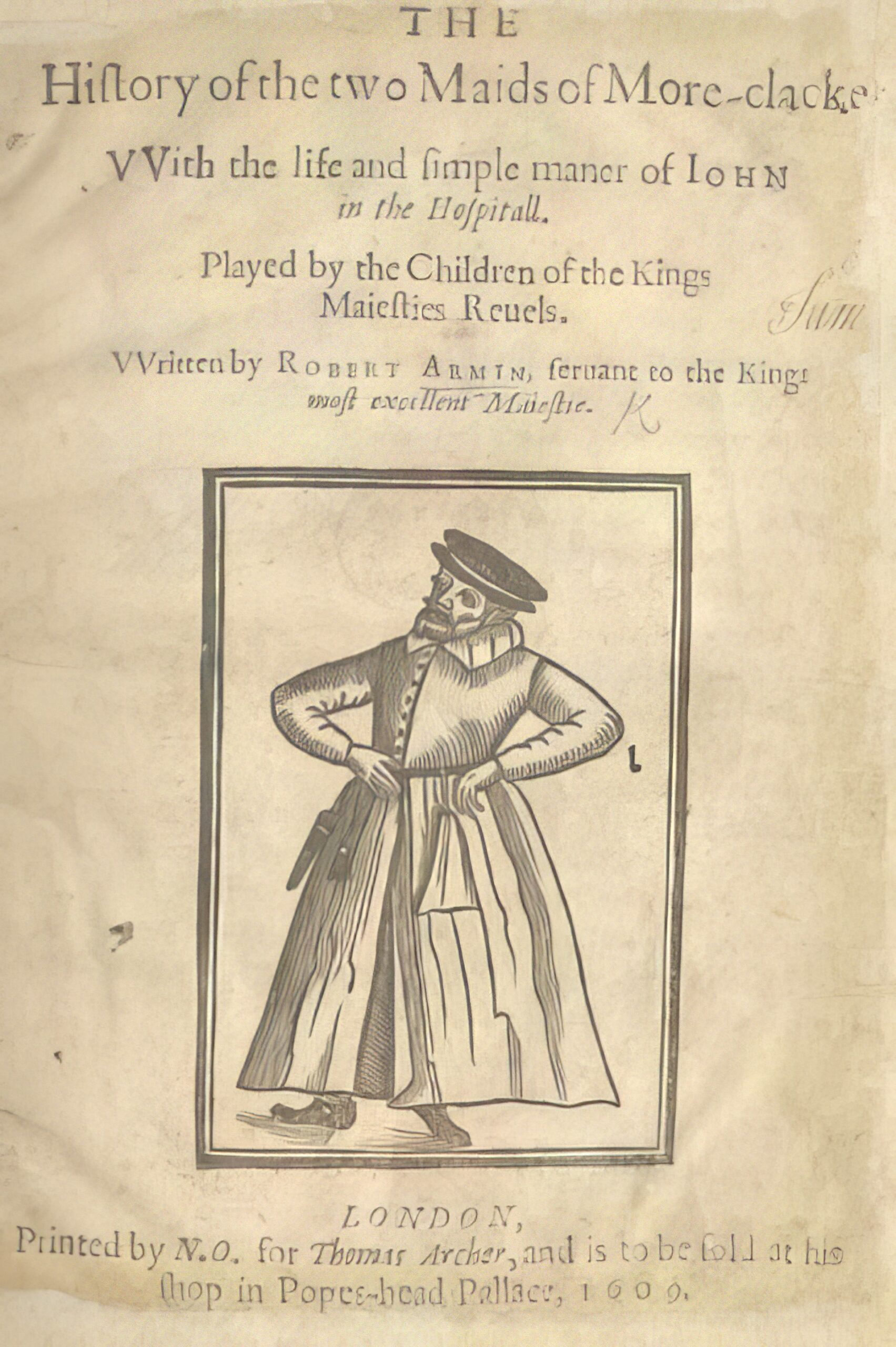 Обложка «Истории двух служанок из Мор-Клака», написанной Робертом Армином. Человек, изображённый на обложке, — Армин. Издание 1906 года. Источник - Британская библиотека.