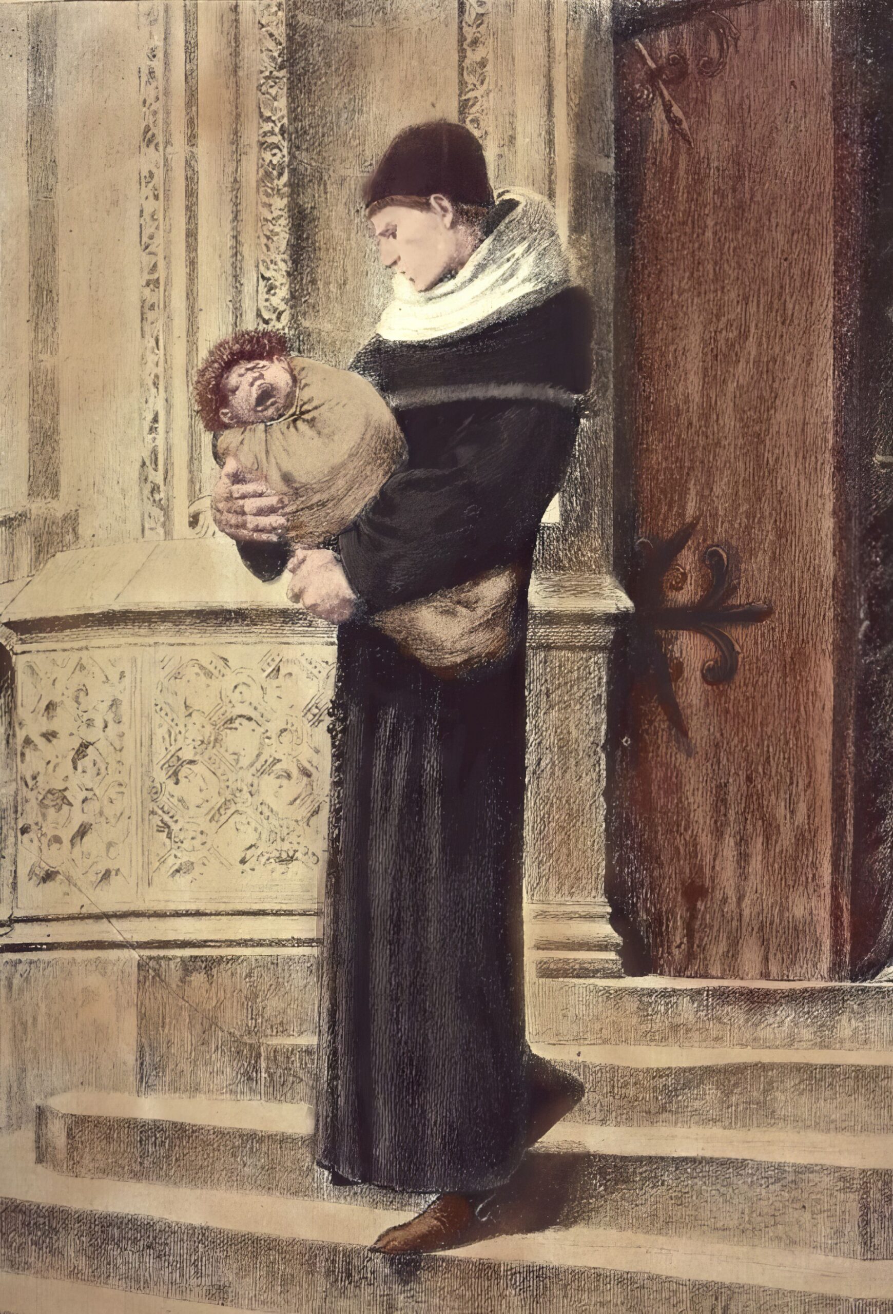 Клод Фролло держит на руках младенца Квазимодо на ступенях Нотр-Дама в 1467 году. Иллюстрация Люка-Оливье Мерсона, 1889 год.