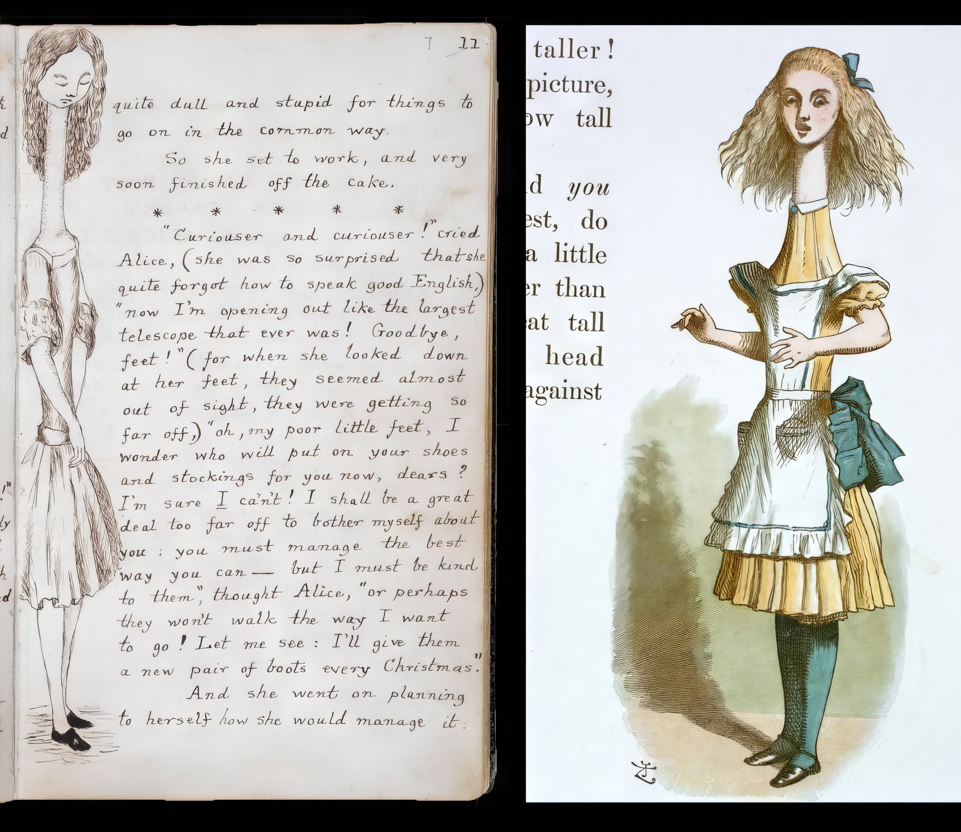 Иллюстрация Алисы, становящейся выше, Льюиса Кэрролла из оригинальной рукописи "Приключения Алисы под землей", 1862-64, и Джона Тенниела из "Детской Алисы", 1890 год.