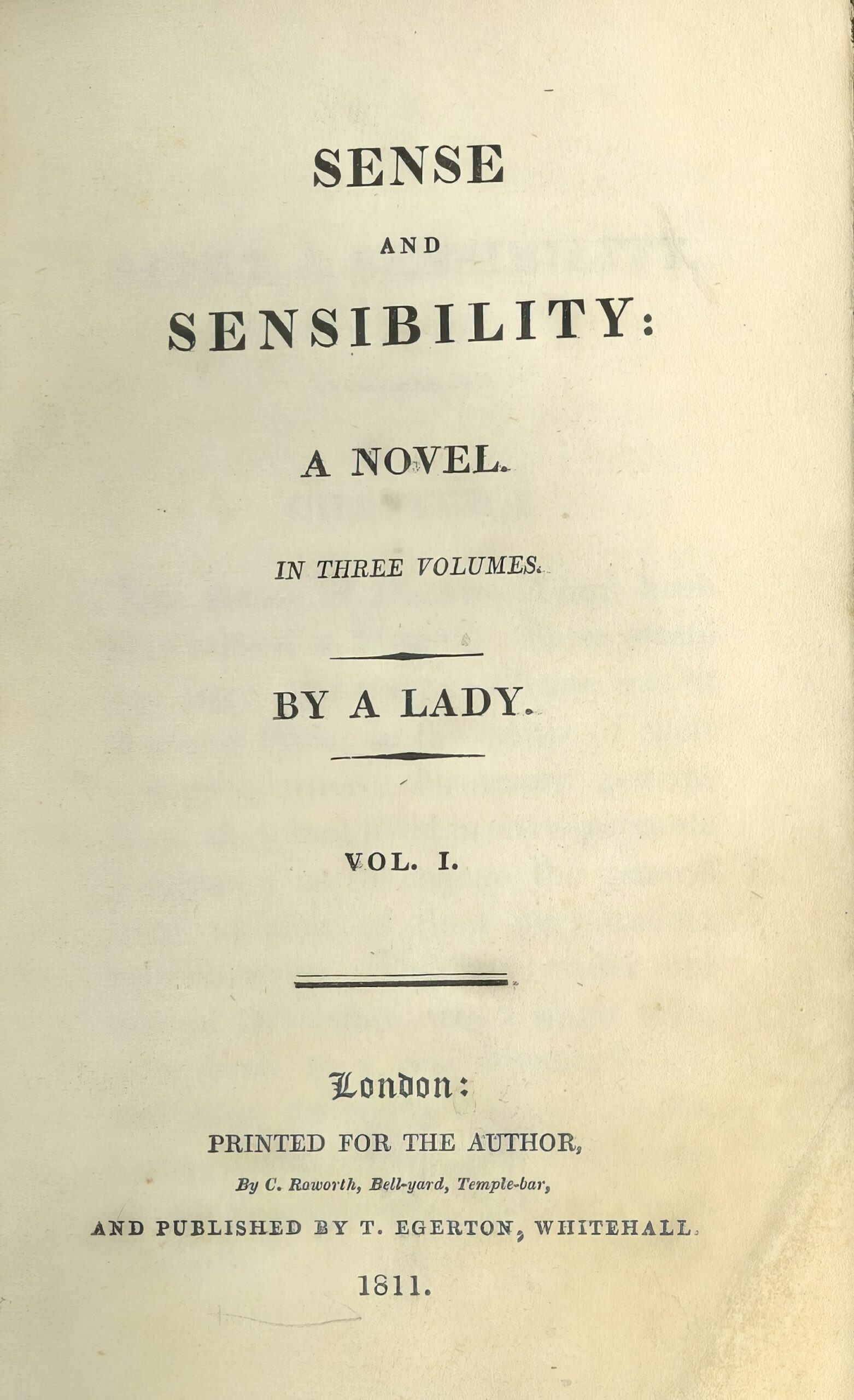 Титульный лист первого издания романа  «Чувства и чувствительности», первого опубликованного романа Остин (1811). Библиотека Лилли, Университет Индианы.