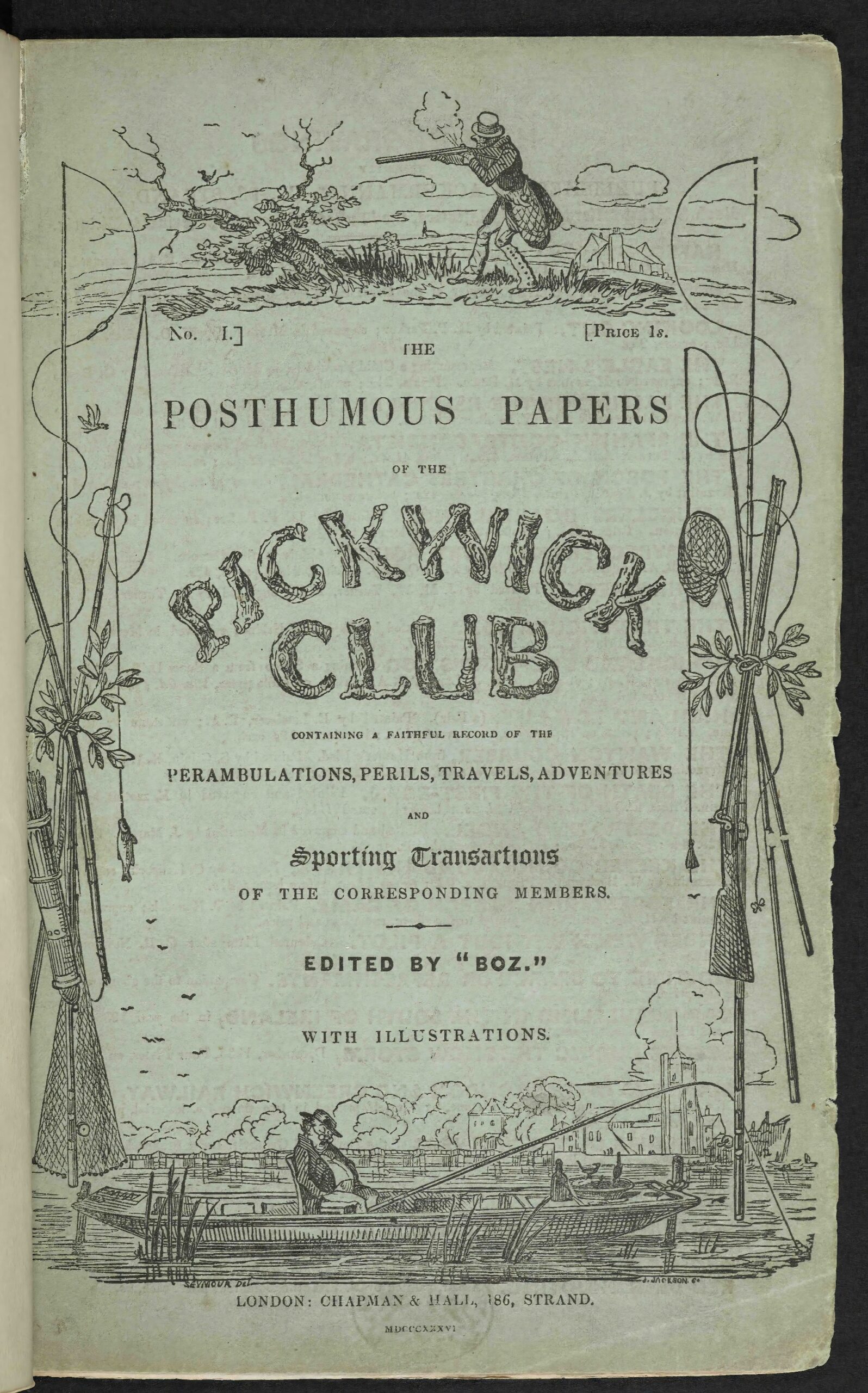 Оригинальная зелёная обложка 17-го выпуска "Пиквикского клуба" Чарлза Диккенса (под псевдонимом Боз). Издательство "Чепмен и Холл", 1837 г.
