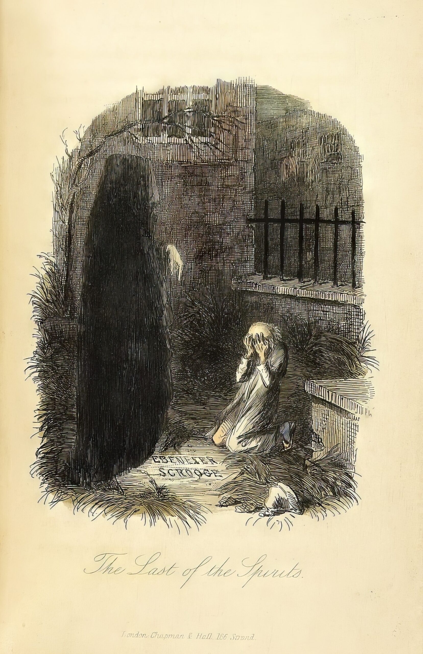 Призрак грядущего Рождества и Эбенезер Скрудж - оригинальная иллюстрация автора Джона Лича (1843).