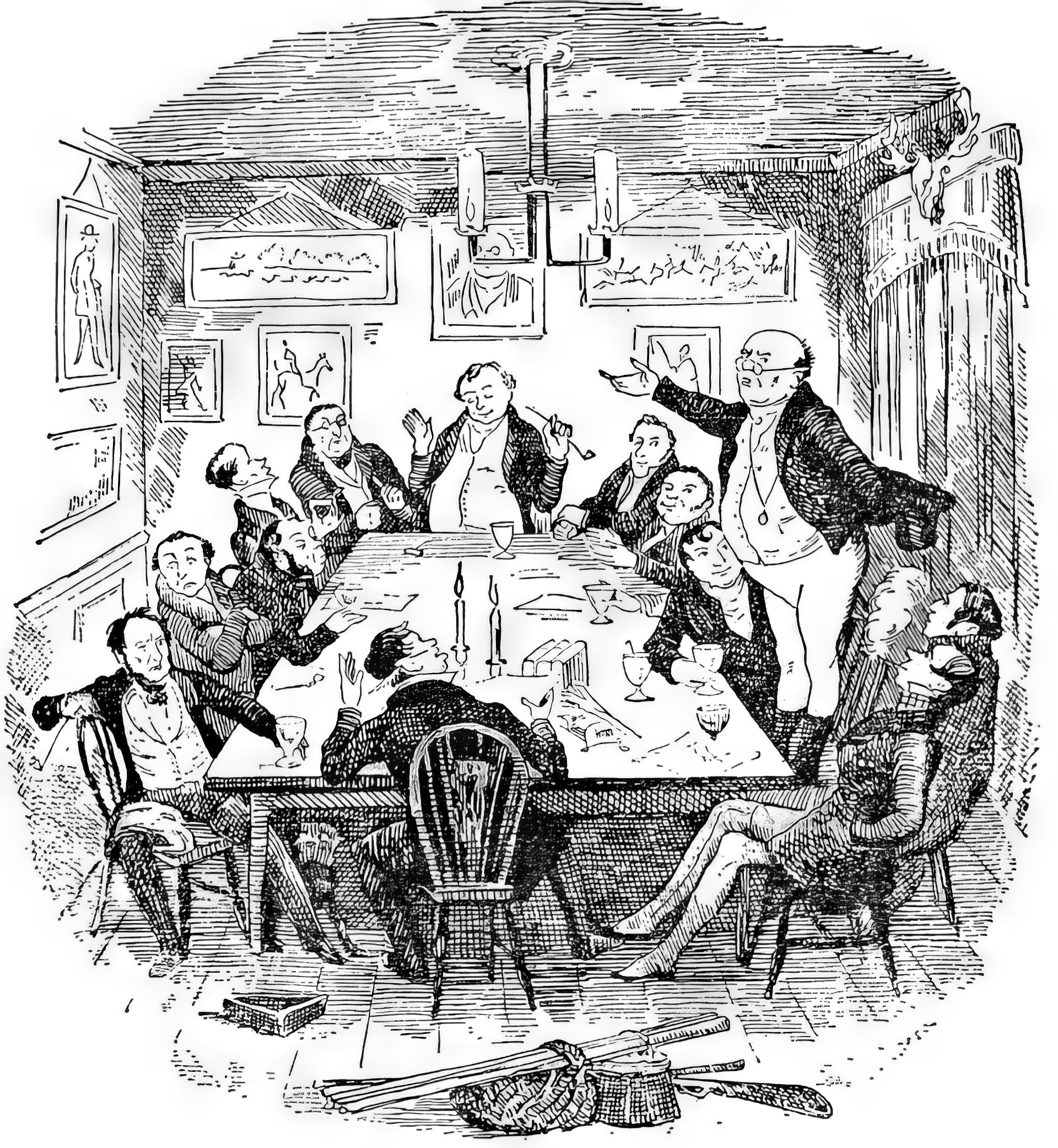 Иллюстрация художника-карикатуриста Роберта Сеймура 1836 года к первой главе романа Чарльза Диккенса "Посмертные записки Пиквикского клуба".