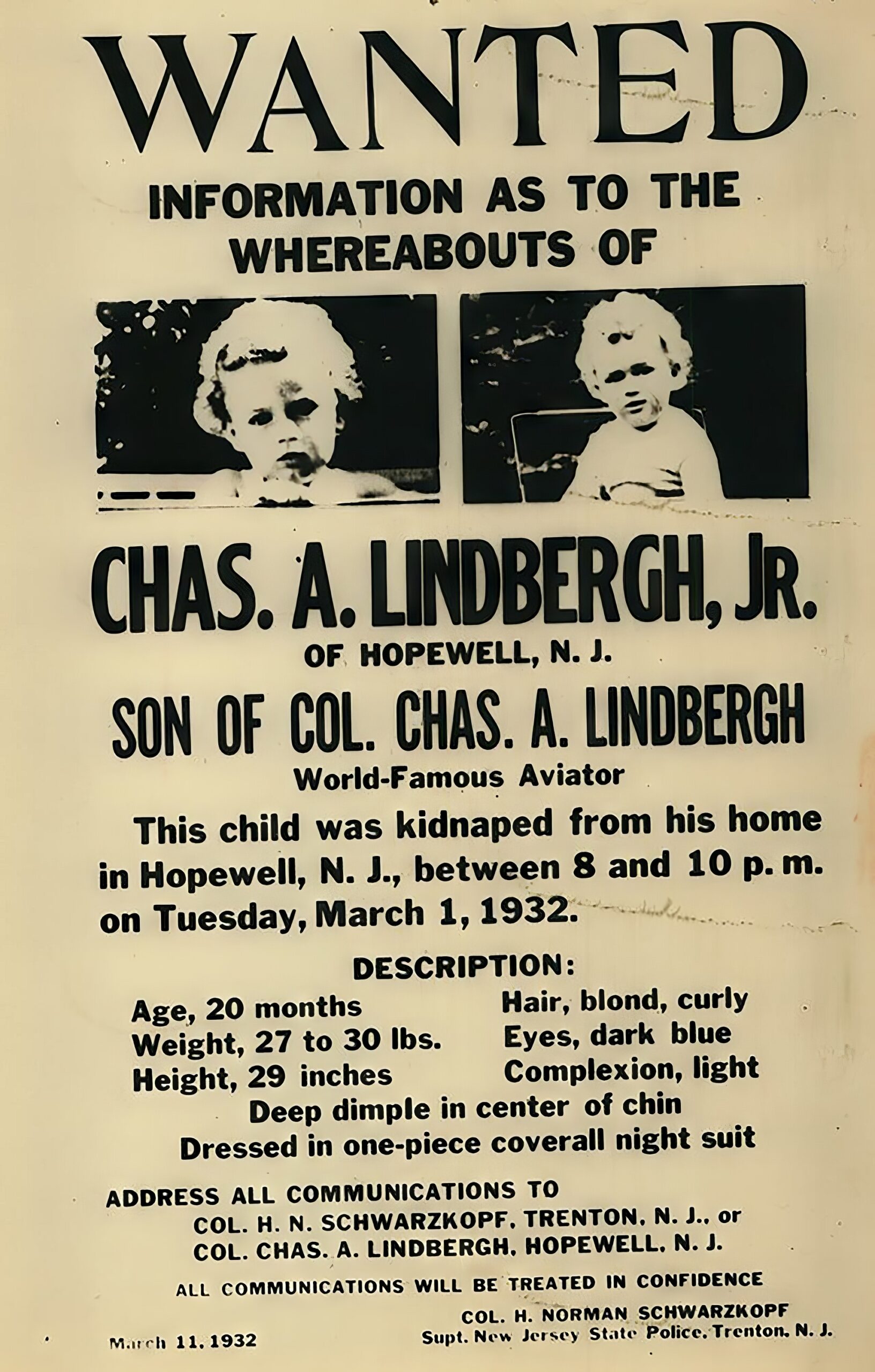 Плакат с просьбой сообщить о местонахождении Чарльза Линдберга-младшего,1932 год.