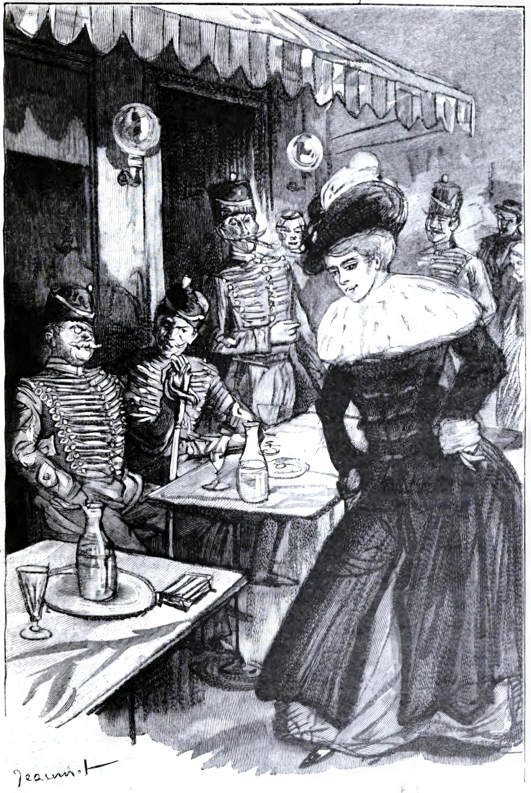 Иллюстрация к рассказу Ги де Мопассана «Пышка». Французский художник, иллюстратор и гравером Пьер Жорж Жаннио, 1902.
