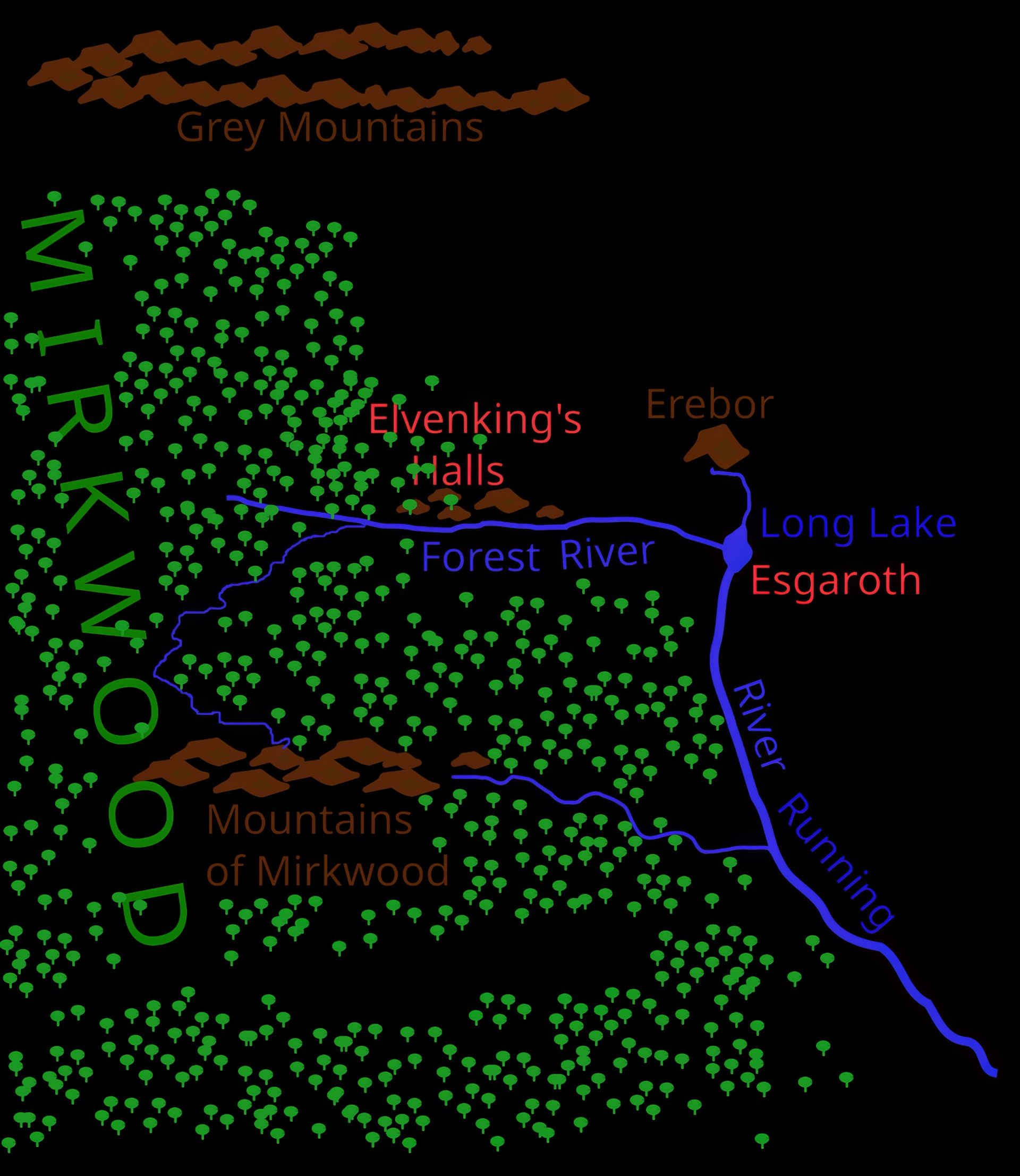 Эскизная карта Северо-Восточного Лихолесья, на которой показаны Чертоги Эльфов, Эребор и Эсгарот на Длинном озере, которые посетил Бильбо Бэггинс в книге Дж. Р. Р. Толкина «Хоббит».