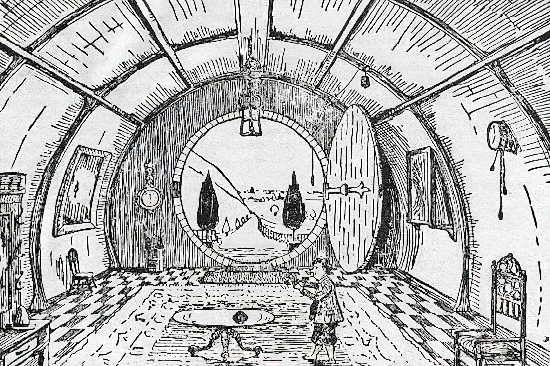 Дж. Р. Р. Толкин изобразил литературного персонажа Бильбо Бэггинса на иллюстрации «Хоббита». Нарисовано Толкином для включения в иллюстрированные издания его романа «Хоббит» 1937 года.