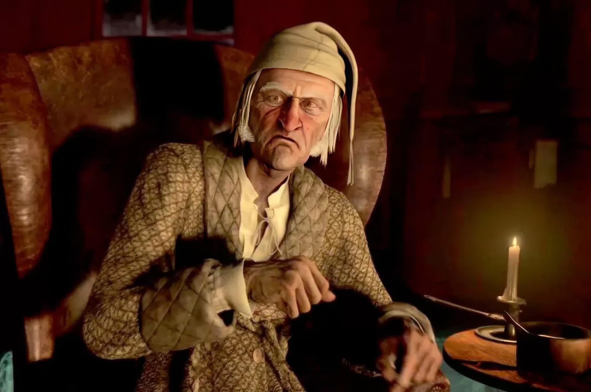 Кадр из фильма «Рождественская история» (англ. A Christmas Carol) (2009) режиссера Роберта Земекиса. В роли Эбенезера Скруджа - Джим Керри.