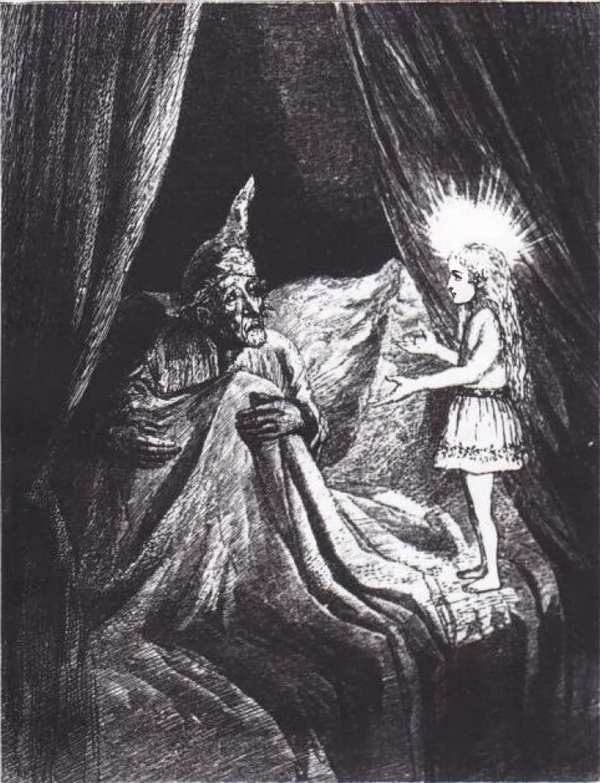 Дух Рождества из прошлого встречает Скруджа — иллюстрация Сола Эйтингера-младшего (1868).