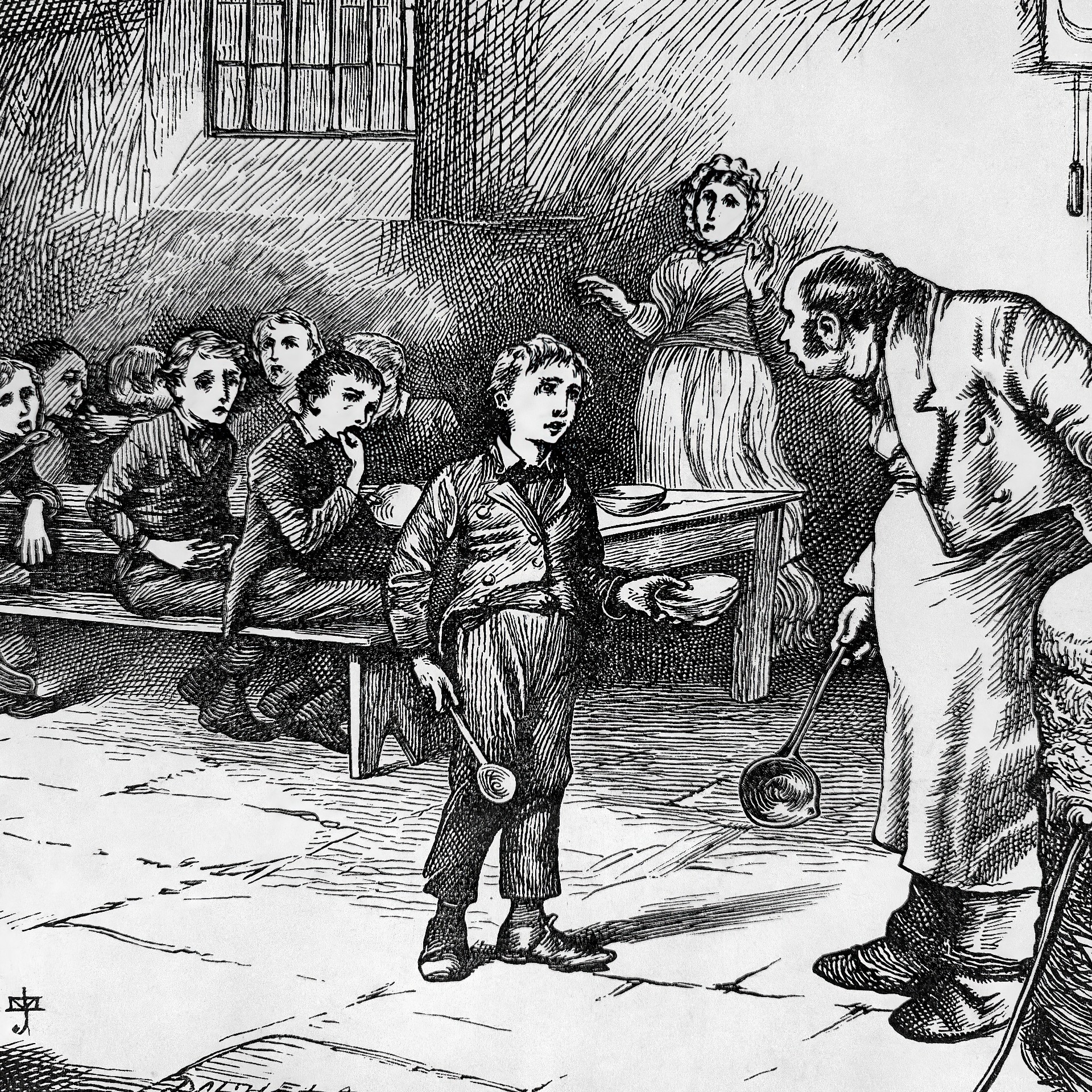 Оливер просит ещё порцию каши. Иллюстрация к произведению «Жизнь Диккенса, рассказанная детям», 1904. 