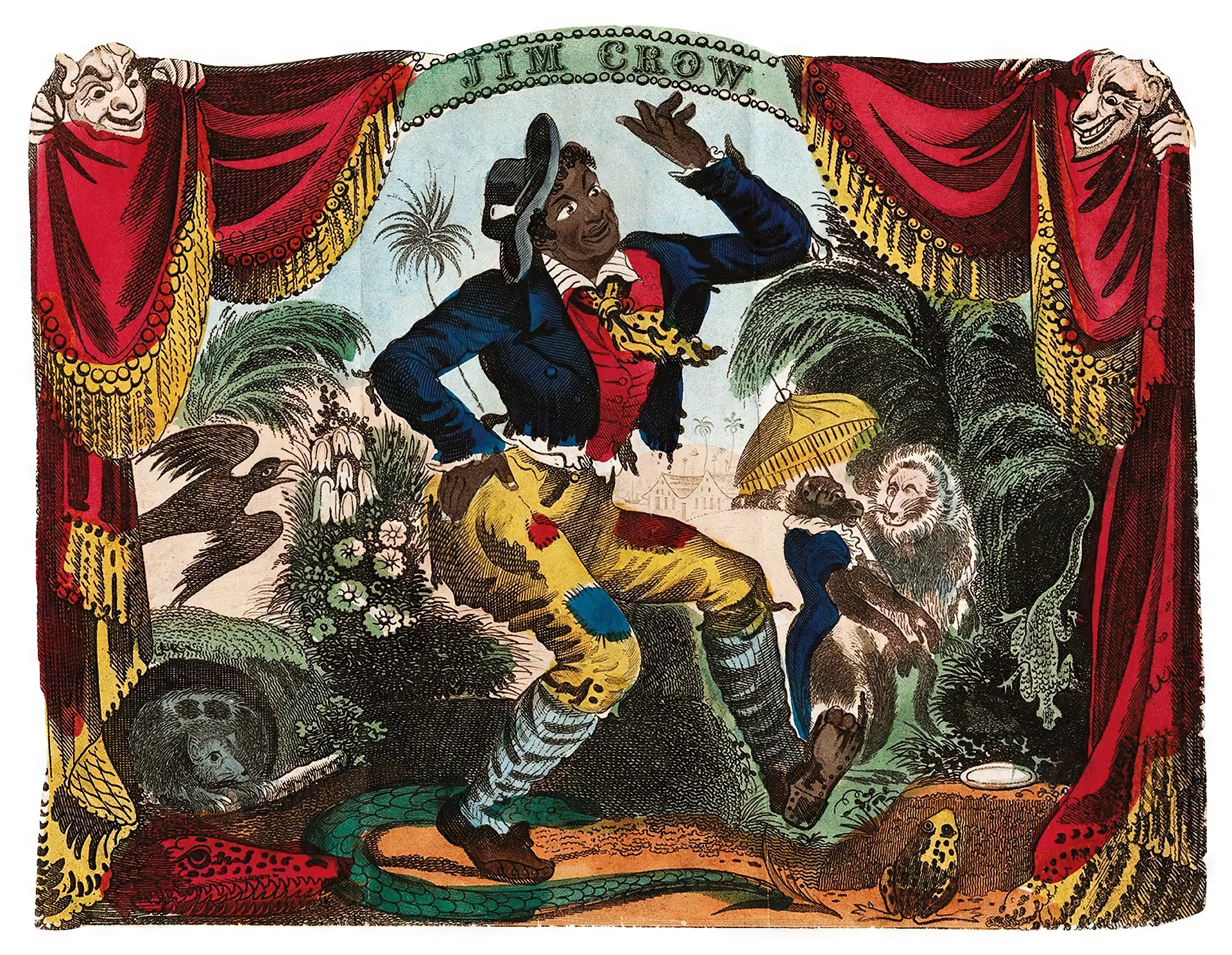 Джим Кроу — комический персонаж, появившийся впервые в песне «Прыгай Джим Кроу», которую любил исполнять белый актёр Томас Райс. Перед номером он красил своё лицо в чёрную краску, изображая тем самым чернокожего раба: бедного, неграмотного и ленивого. Спустя время имя «Джим Кроу» стало нарицательным. Так стали называть любого неграмотного бедняка-чернокожего. 